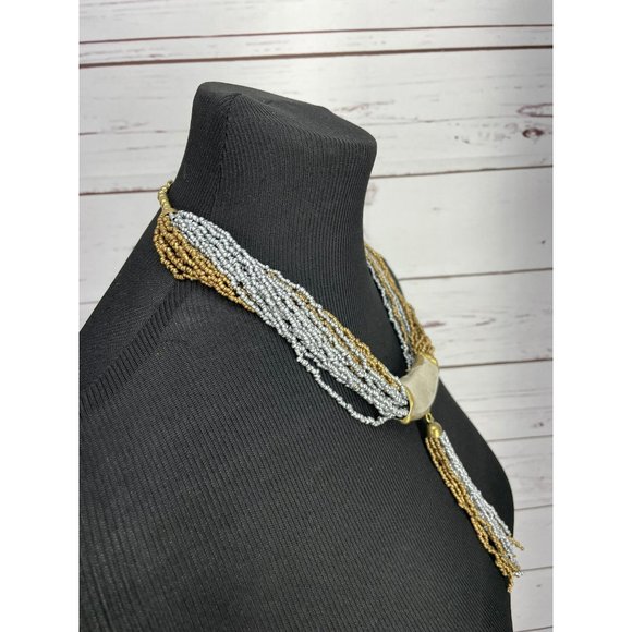 Beaded Boho Statement Piece Sliver Blue Bronze Color Tribal Choker Necklace - Picture 6 of 7